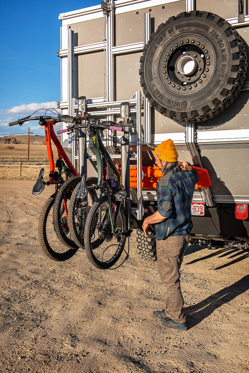 Off Grid Overland Camper - Powered Bike Rack Lowered