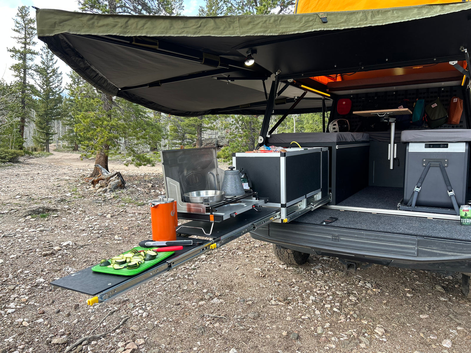 Go Fast Camper (GFC) build - Slide out camp kitchen fully extended with GSI Pinnacle cooktop