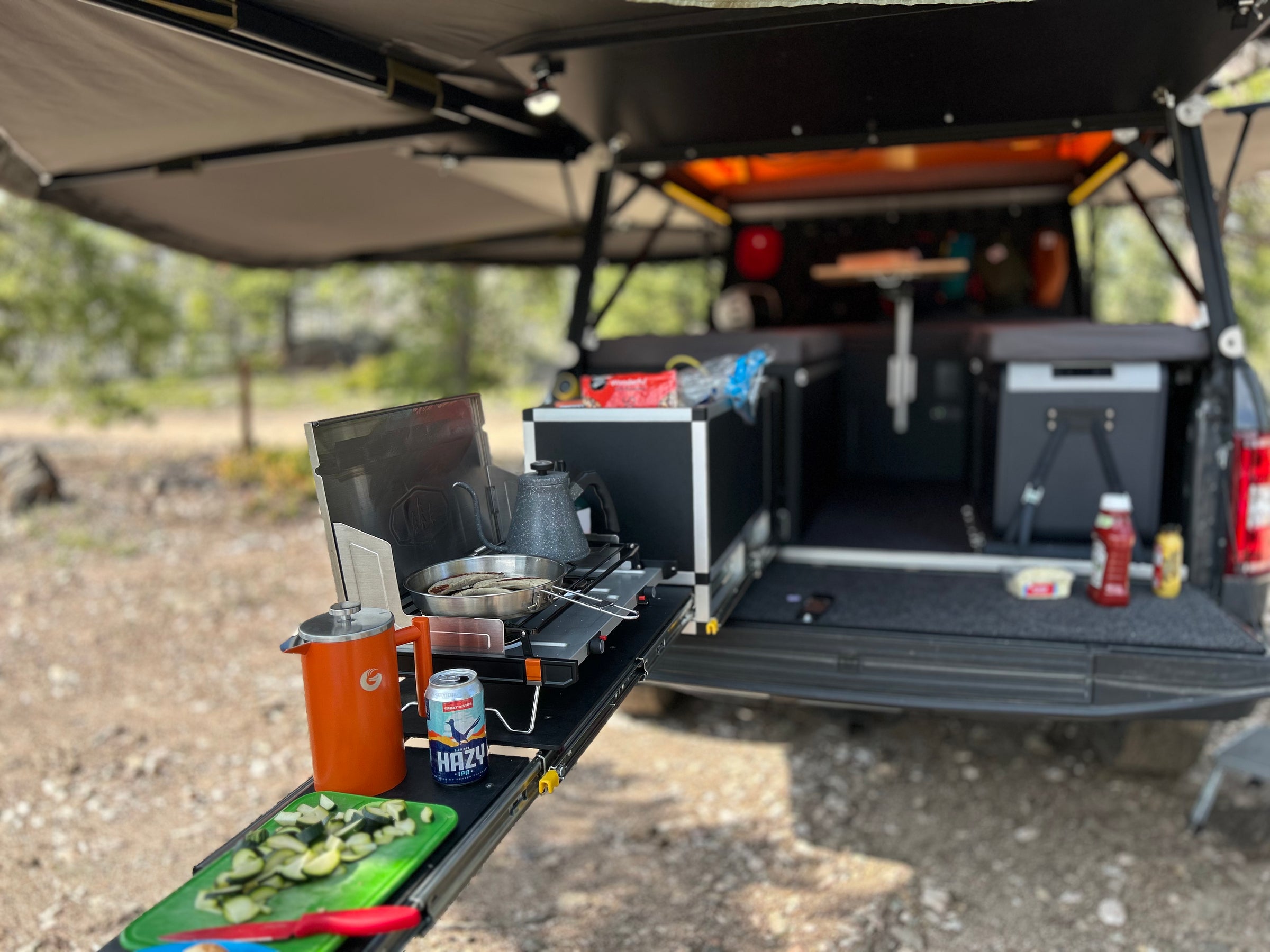 GFC Overland Camper - slide out camp kitchen with cooktop and food prep area