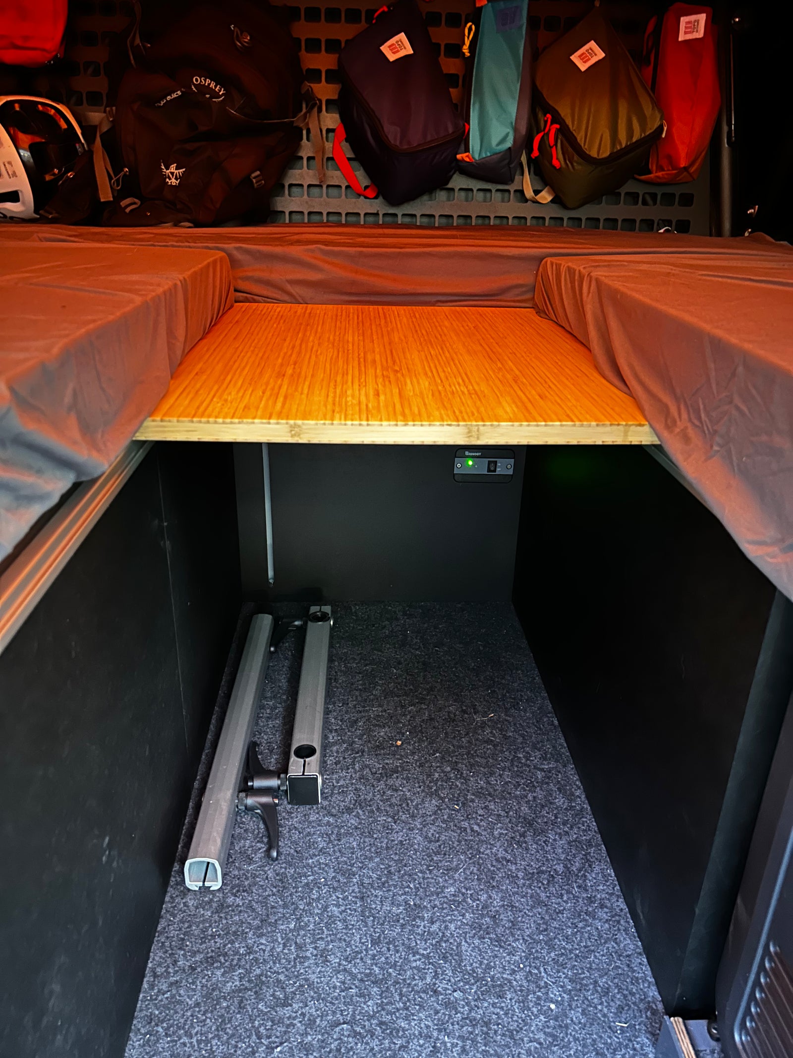 Go Fast Camper (GFC) build - Lower level bed setup with Lagun table stored flat on rails